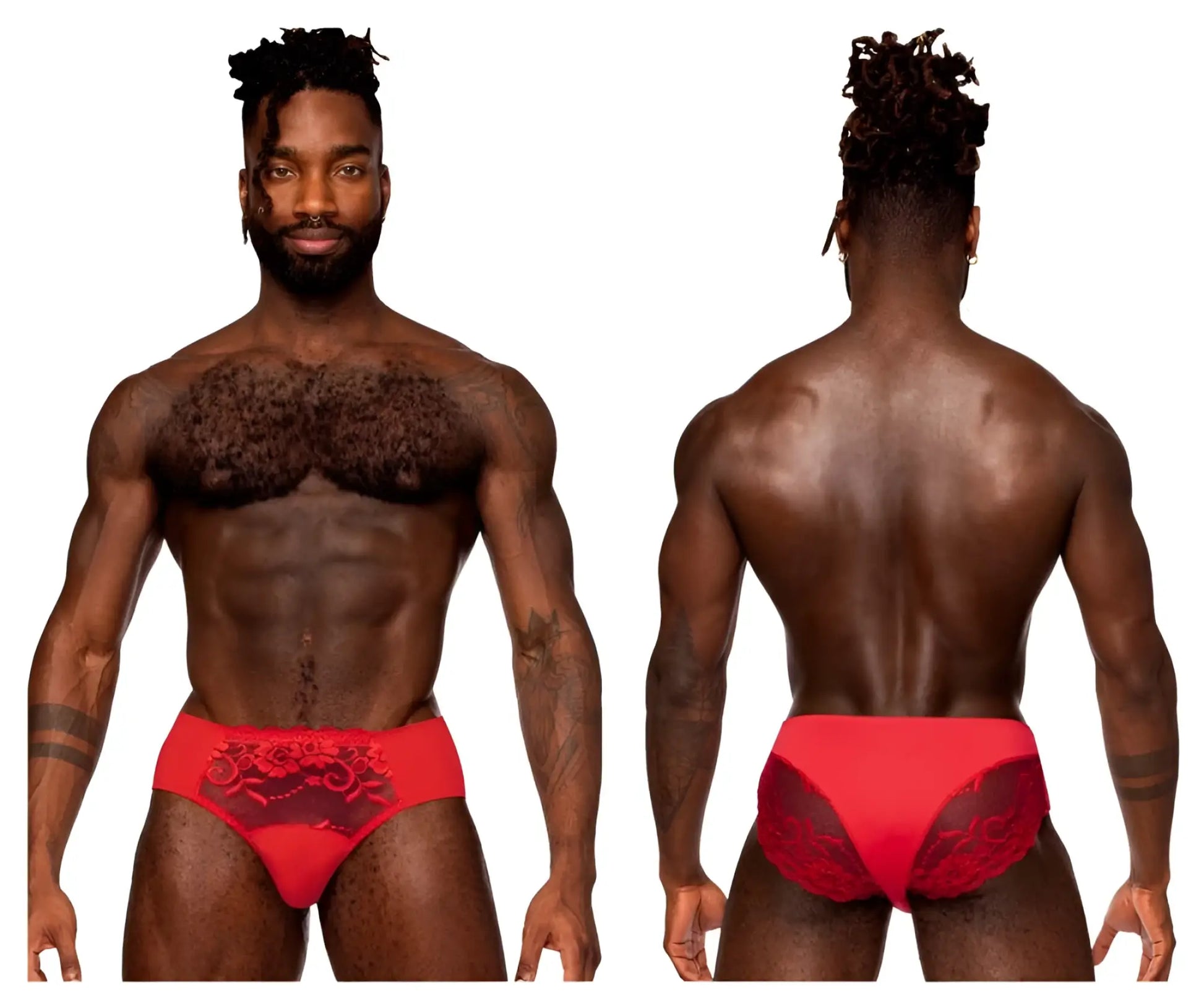 Male power 492-280 sassy lace bikini briefs in red with satin finish and intricate floral lace embroidery