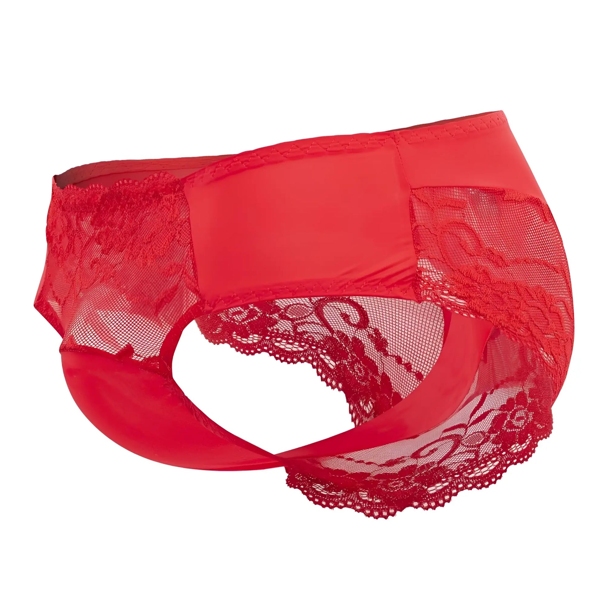 Male power 492-280 sassy lace bikini red satin briefs with red lace trim sheer mesh panel and scalloped edges