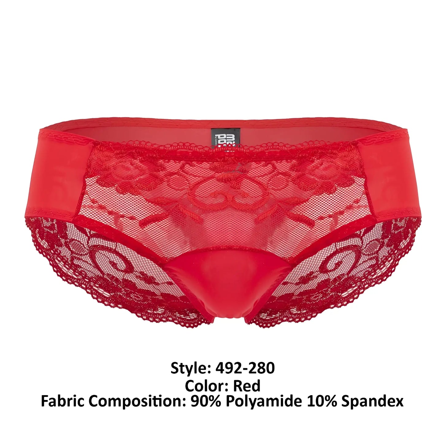 Male power 492-280 sassy lace bikini briefs in red with lace trim sheer mesh panel and satin-like side panels