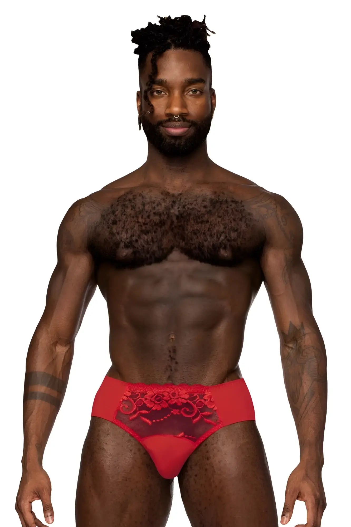 Red lace-trimmed briefs with sheer mesh panel and floral embroidery from male power sassy lace bikini in red