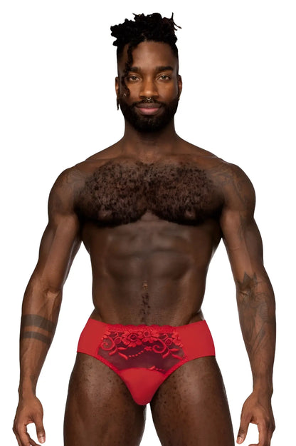 Red lace-trimmed briefs with sheer mesh panel and floral embroidery from male power sassy lace bikini in red