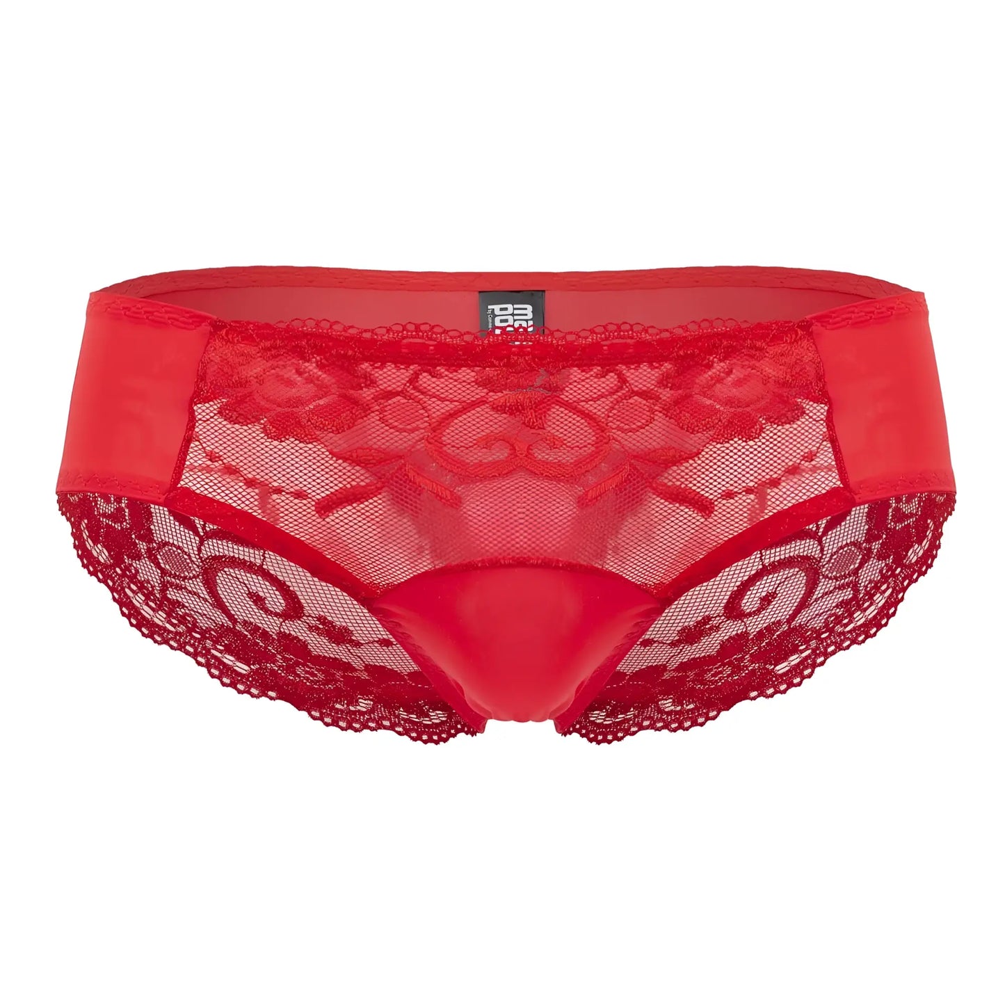 Red lace-trimmed briefs with a sheer mesh panel and satin-like waistband from male power in red