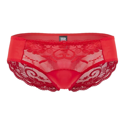 Red lace-trimmed briefs with a sheer mesh panel and satin-like waistband from male power in red