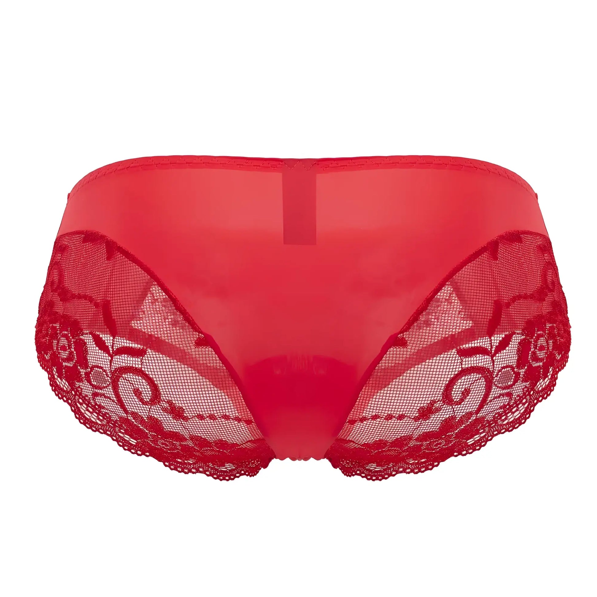 Red lace-trimmed bikini briefs with sheer satin fabric and floral embroidery from male power in vibrant red