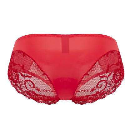 Red lace-trimmed bikini briefs with sheer satin fabric and floral embroidery from male power in vibrant red