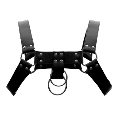 Black faux leather Male Power Aries harness with silver metal rings and studs for men