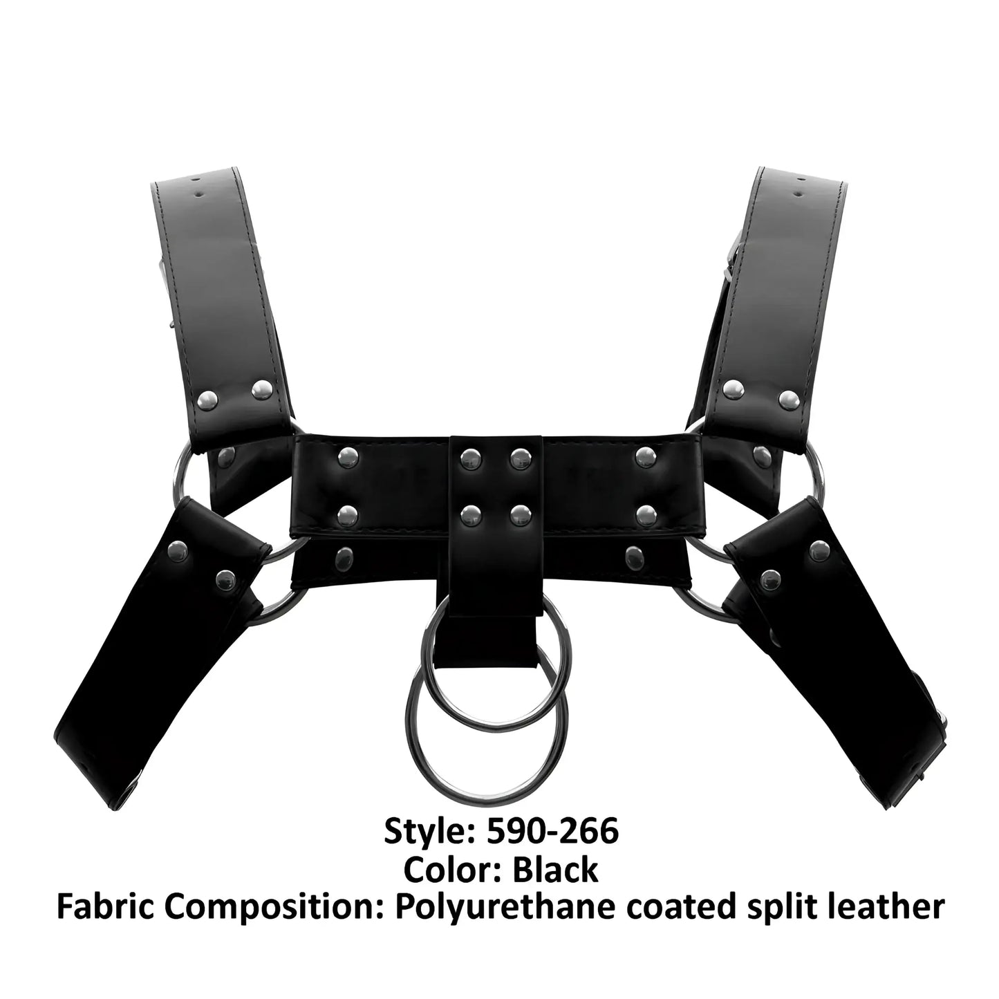 Male power 590-266 leather aries harness in black polyurethane-coated split leather with silver metal rings and studs