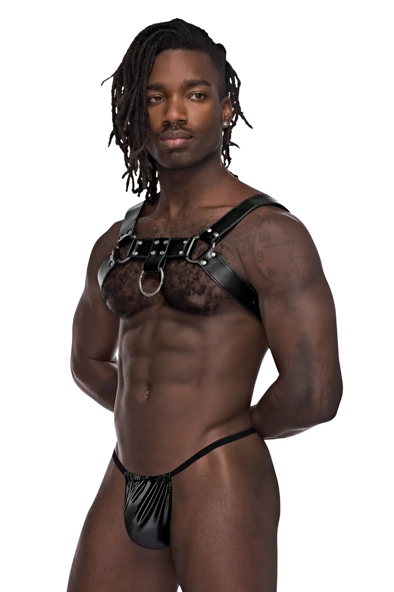 Black leather harness with silver studs and central ring paired with matching black latex thong by male power