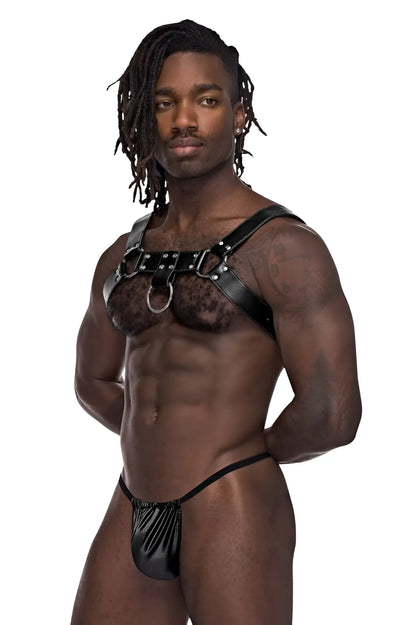 Black leather harness with silver studs and central ring paired with matching black latex thong by male power