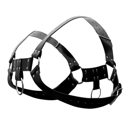 Male power 590-266 black leather aries harness with silver-toned metal rings and studs for men