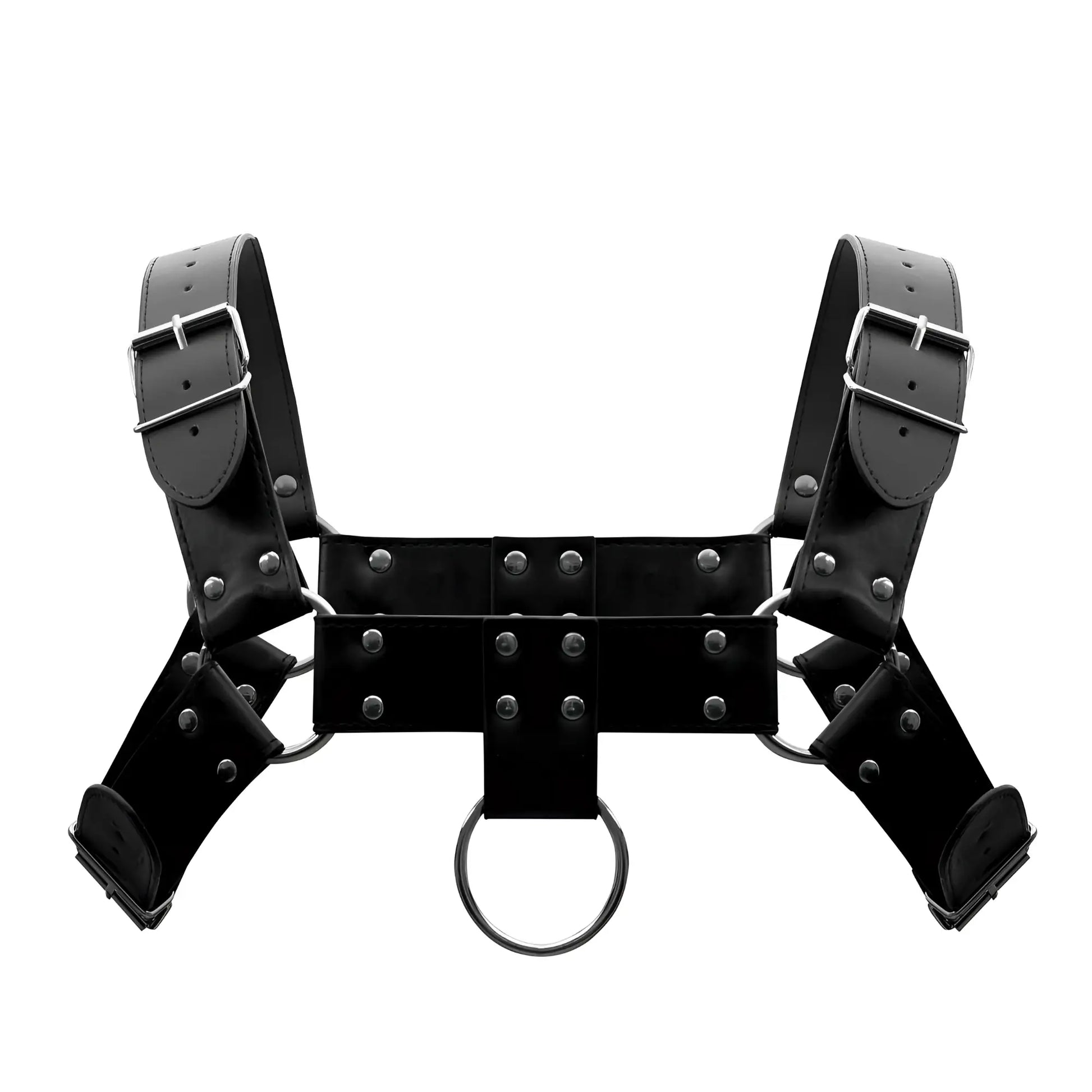 Male power 590-266 black leather aries harness with silver metal buckles studs and central ring