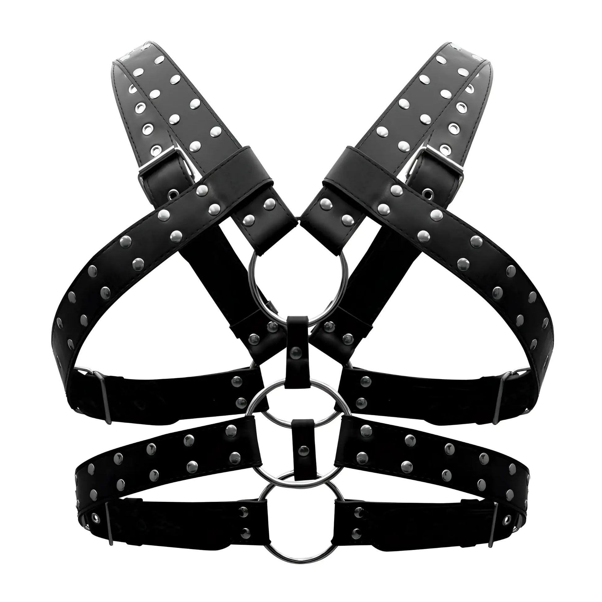 Male power 591-266 black leather Gemini harness with silver studs and metal rings shown from the back side