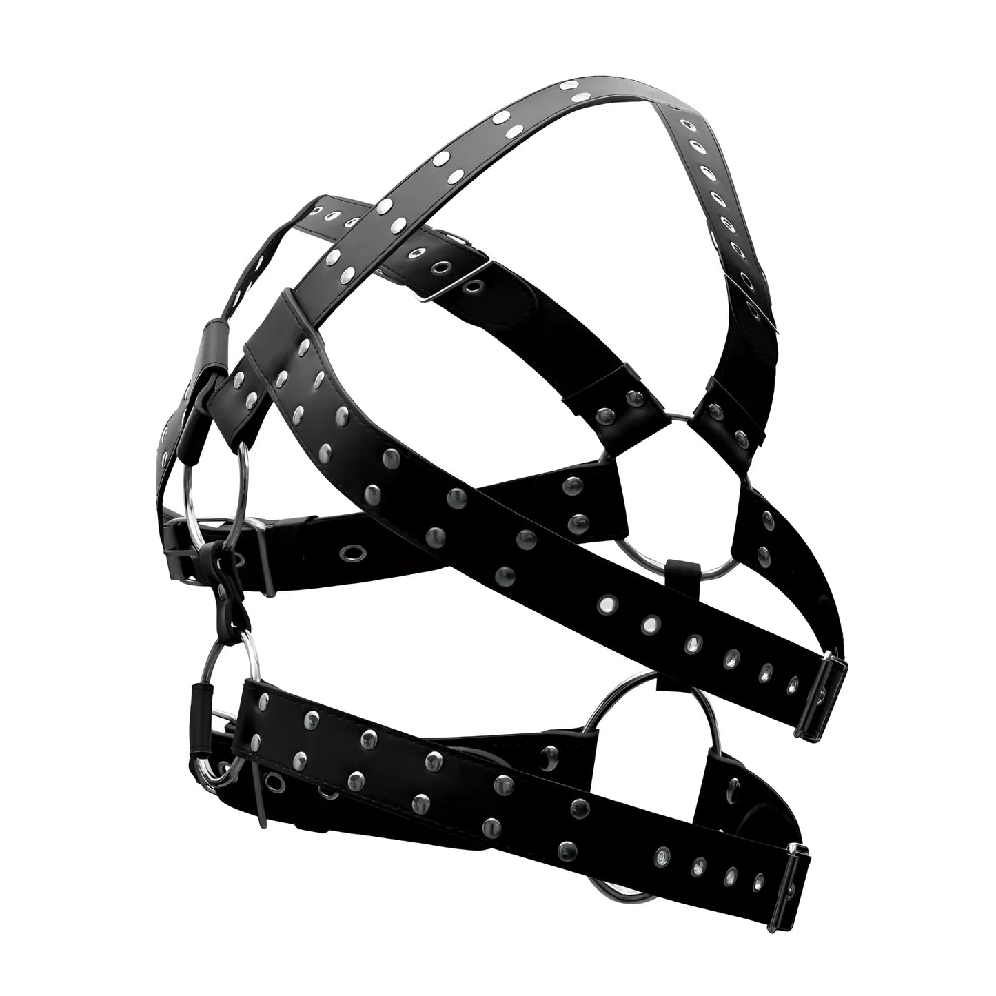 Male power 591-266 black leather gemini harness featuring silver studs and metal rings for a bold look