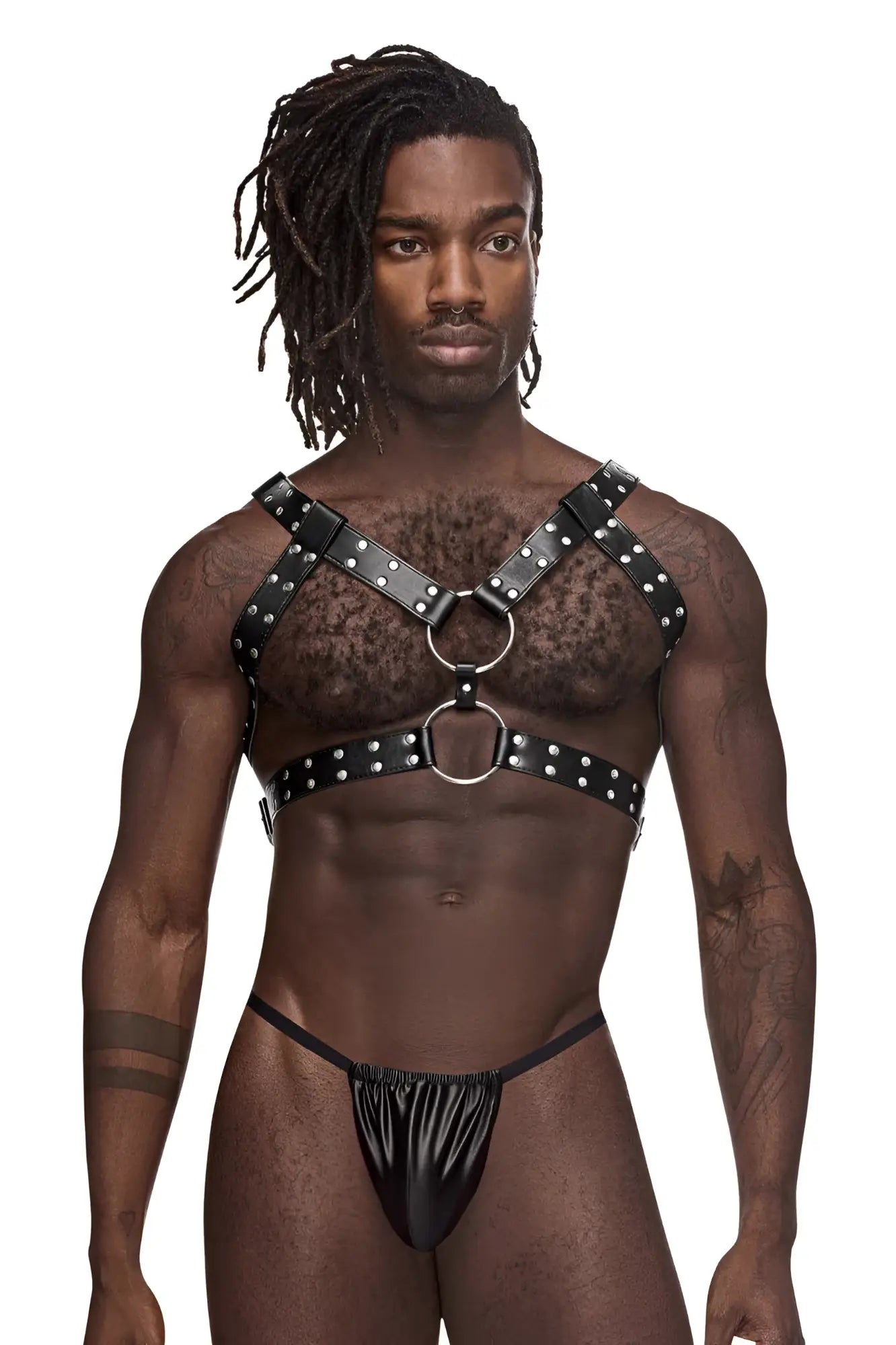 Male power 591-266 black leather gemini harness with silver studs and metal rings designed for male use