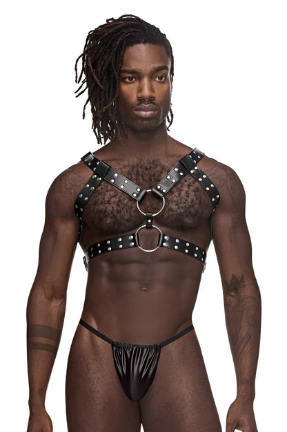 Male power 591-266 black leather gemini harness with silver studs and metal rings designed for male use