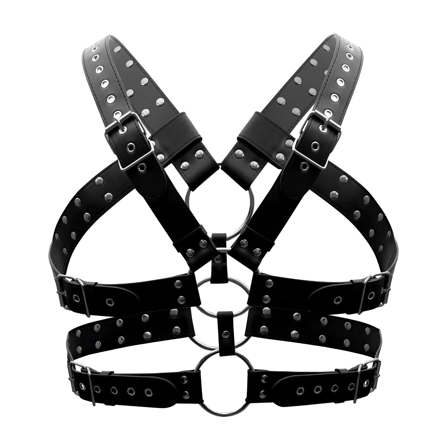 Male power 591-266 black leather gemini harness with silver studs and metal rings designed for men