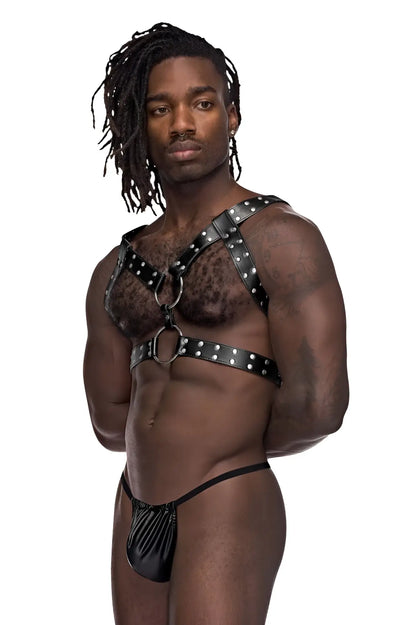 Black leather male power 591-266 gemini harness with silver studs and metal rings for edgy fashion wear