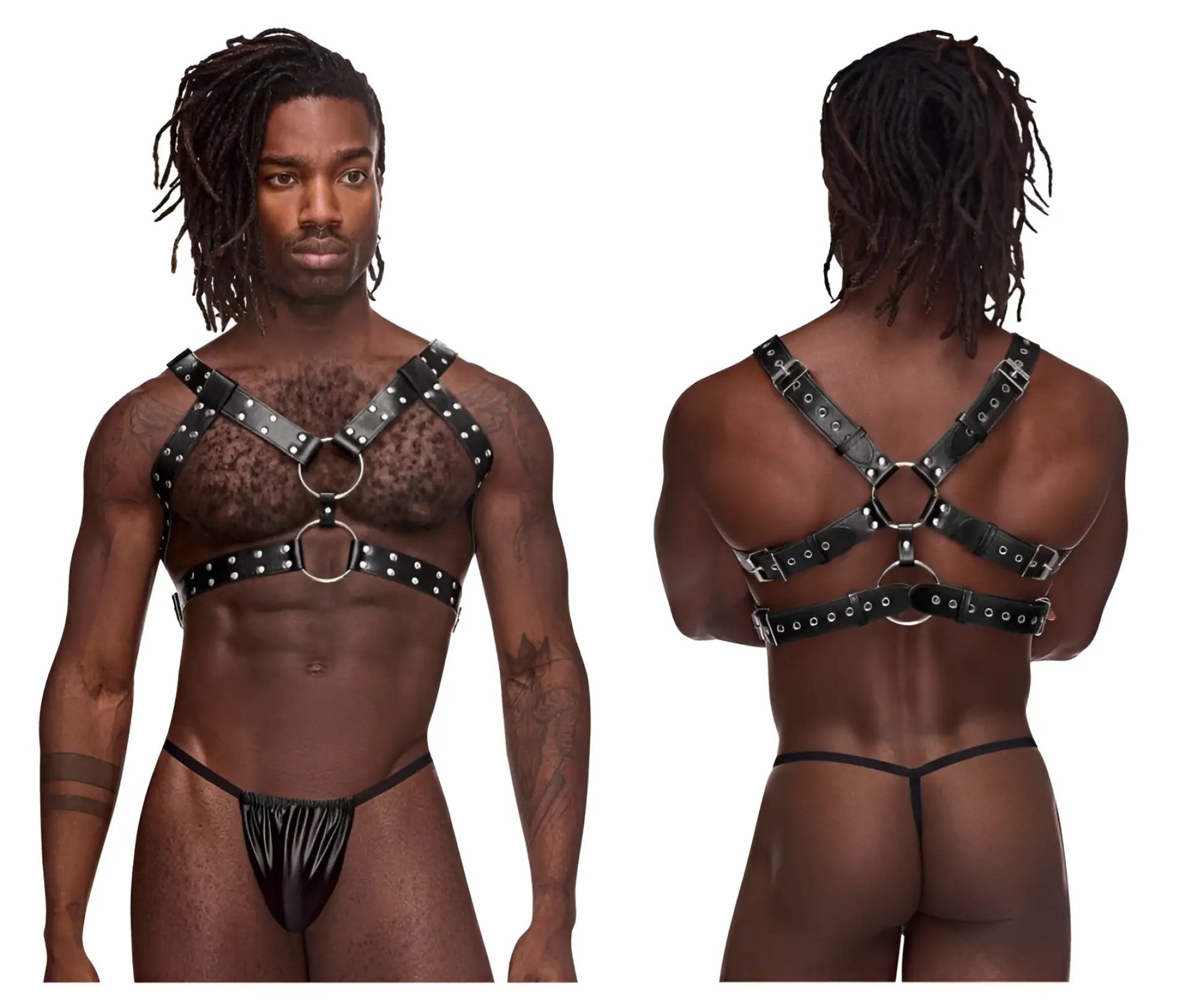 Male power 591-266 black leather gemini harness with silver toned rings and studs displayed from the back side