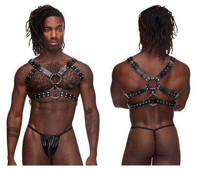 Male power 591-266 black leather gemini harness with silver toned rings and studs displayed from the back side