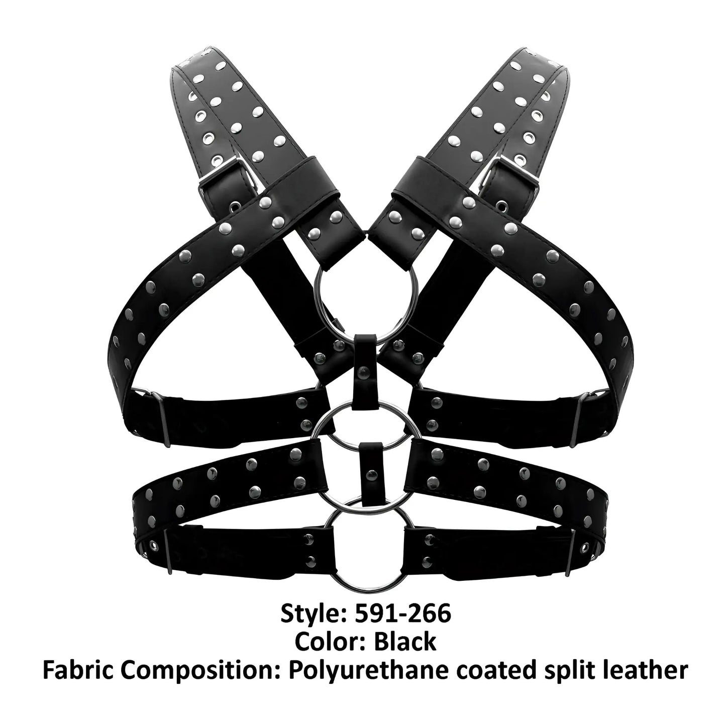 Male power 591-266 leather gemini harness black studded polyurethane coated split leather with silver rings and buckles