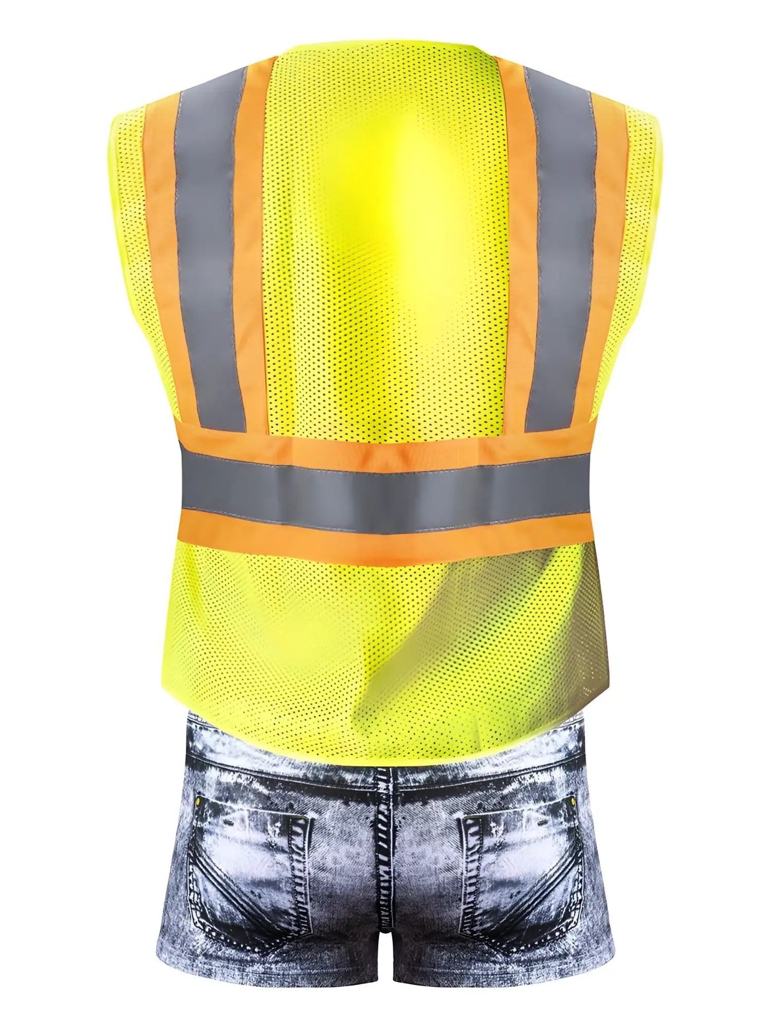 Male power mpc-010 working hard costume denim featuring bright yellow high-visibility safety vest with reflective stripes