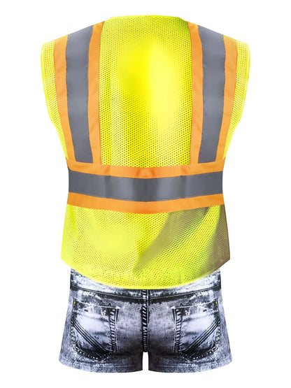 Male power mpc-010 working hard costume denim featuring bright yellow high-visibility safety vest with reflective stripes
