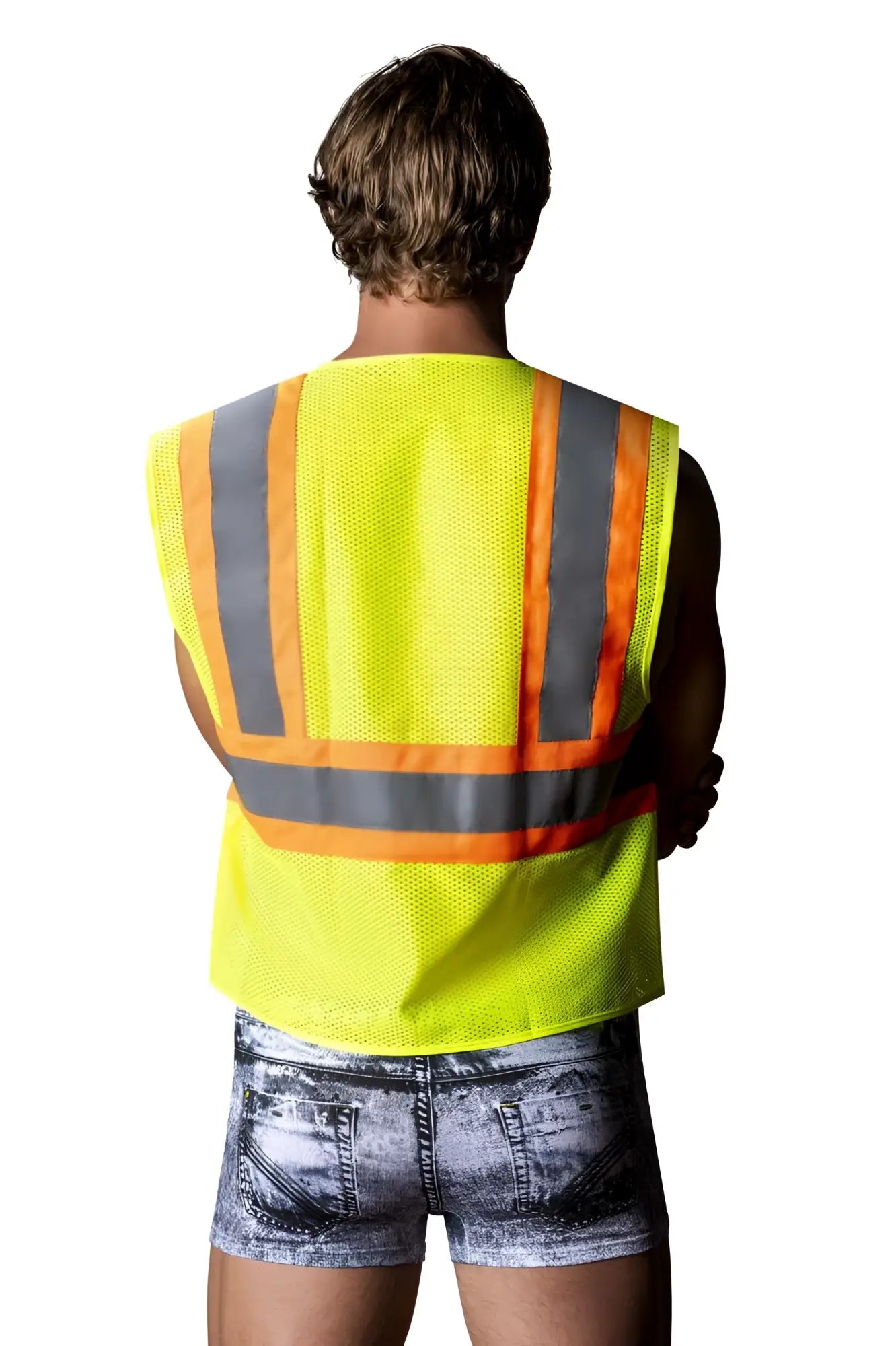 Male power mpc-010 working hard costume bright yellow high-visibility safety vest with reflective gray and orange stripes