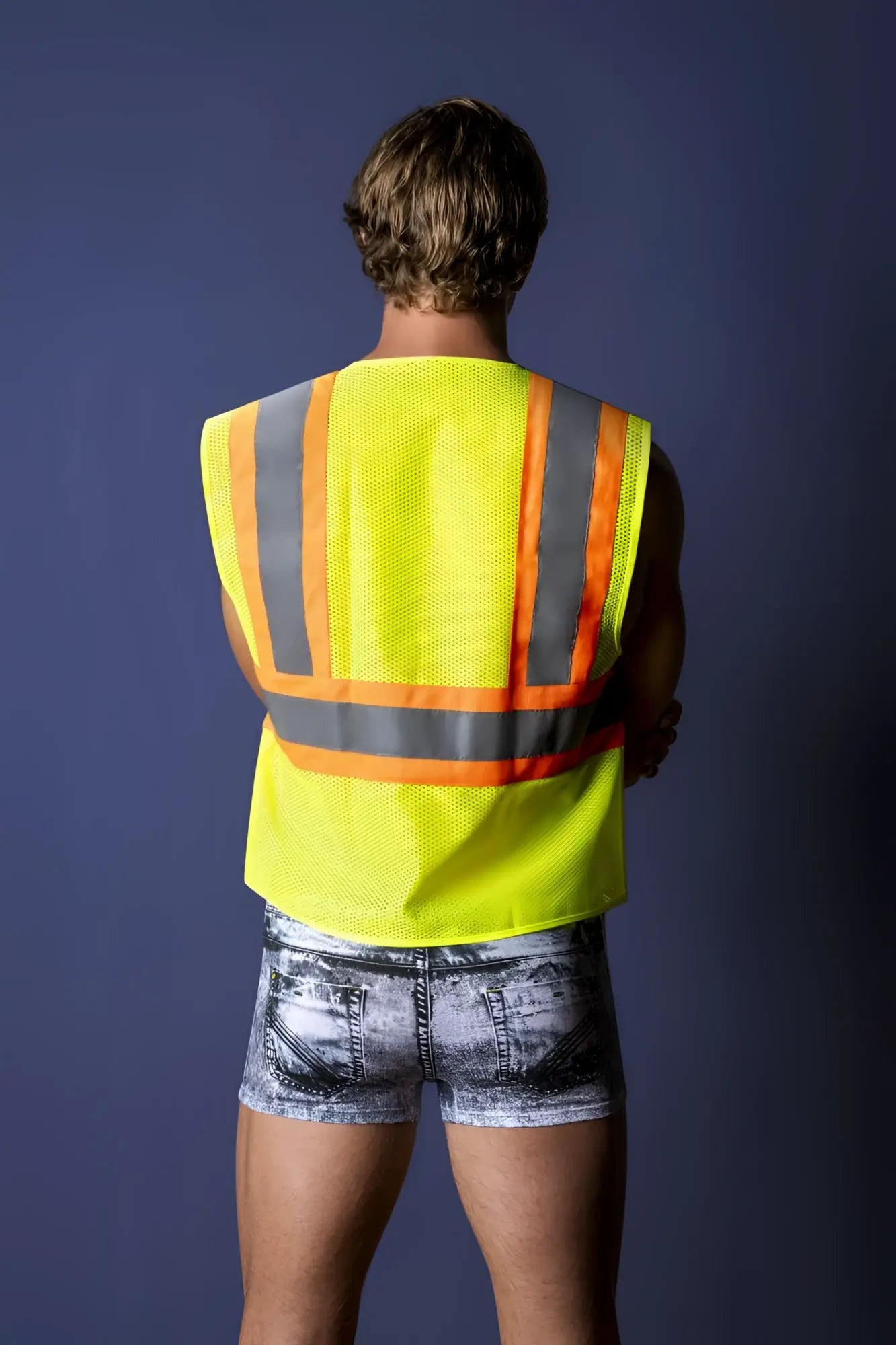 Male power mpc-010 working hard costume with bright yellow high-visibility safety vest featuring reflective gray and orange stripes