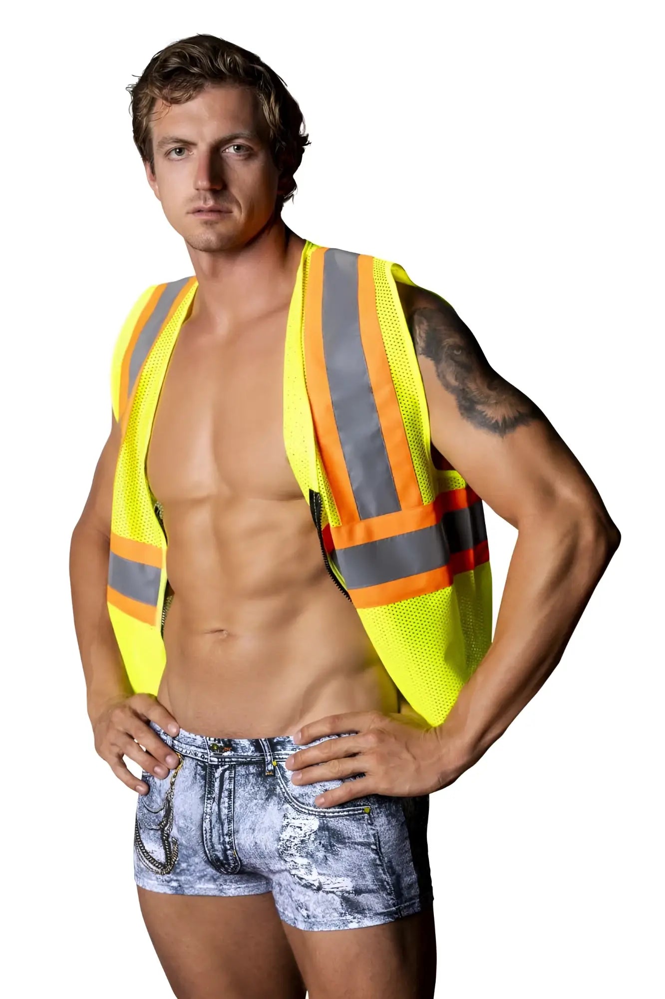 Bright yellow male power mpc-010 working hard costume safety vest with reflective gray and orange stripes over denim
