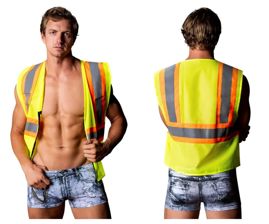 Male power mpc-010 working hard costume in denim with bright yellow safety vest featuring reflective orange and gray stripes
