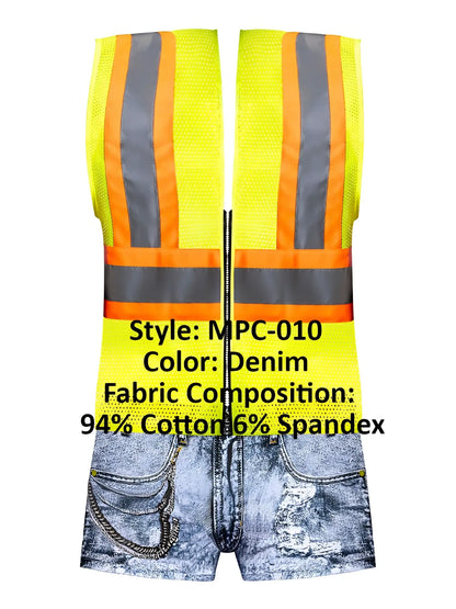 Male power mpc-010 working hard costume featuring high-visibility yellow mesh vest with reflective stripes and denim shorts