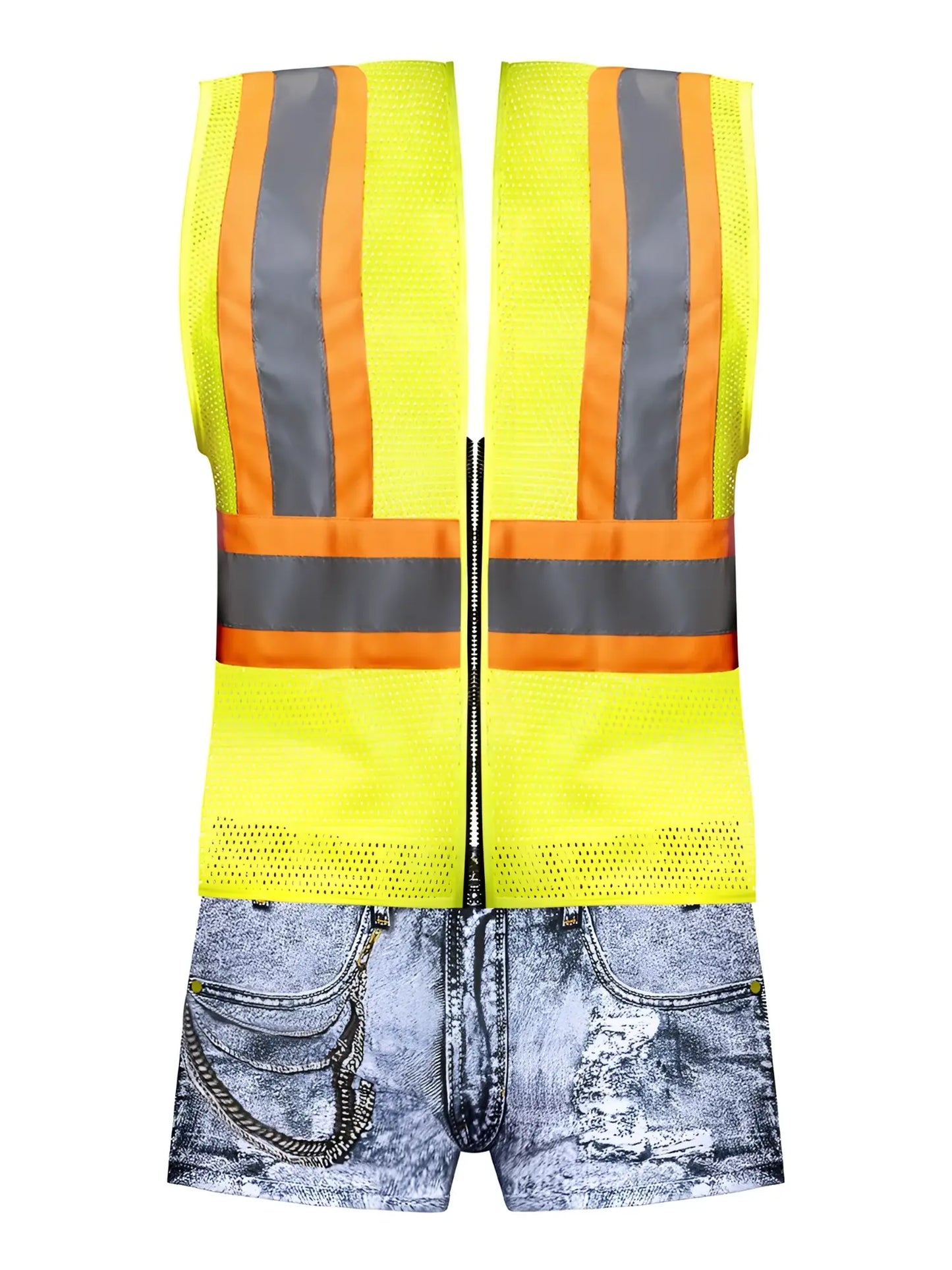 Male power mpc-010 working hard costume in denim featuring a high-visibility yellow mesh safety vest with orange and gray reflective stripes