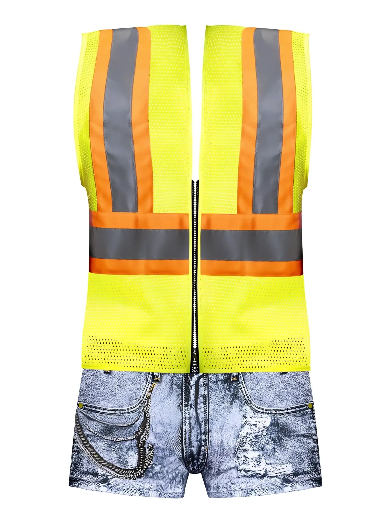 Male power mpc-010 working hard costume in denim featuring a high-visibility yellow mesh safety vest with orange and gray reflective stripes