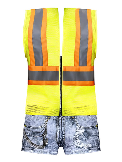 Male power mpc-010 working hard costume in denim featuring a high-visibility yellow mesh safety vest with orange and gray reflective stripes