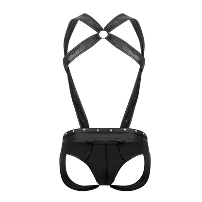 Back view of male power PAK-154 fetish uranus black faux leather harness bodysuit with crisscross straps and silver studs