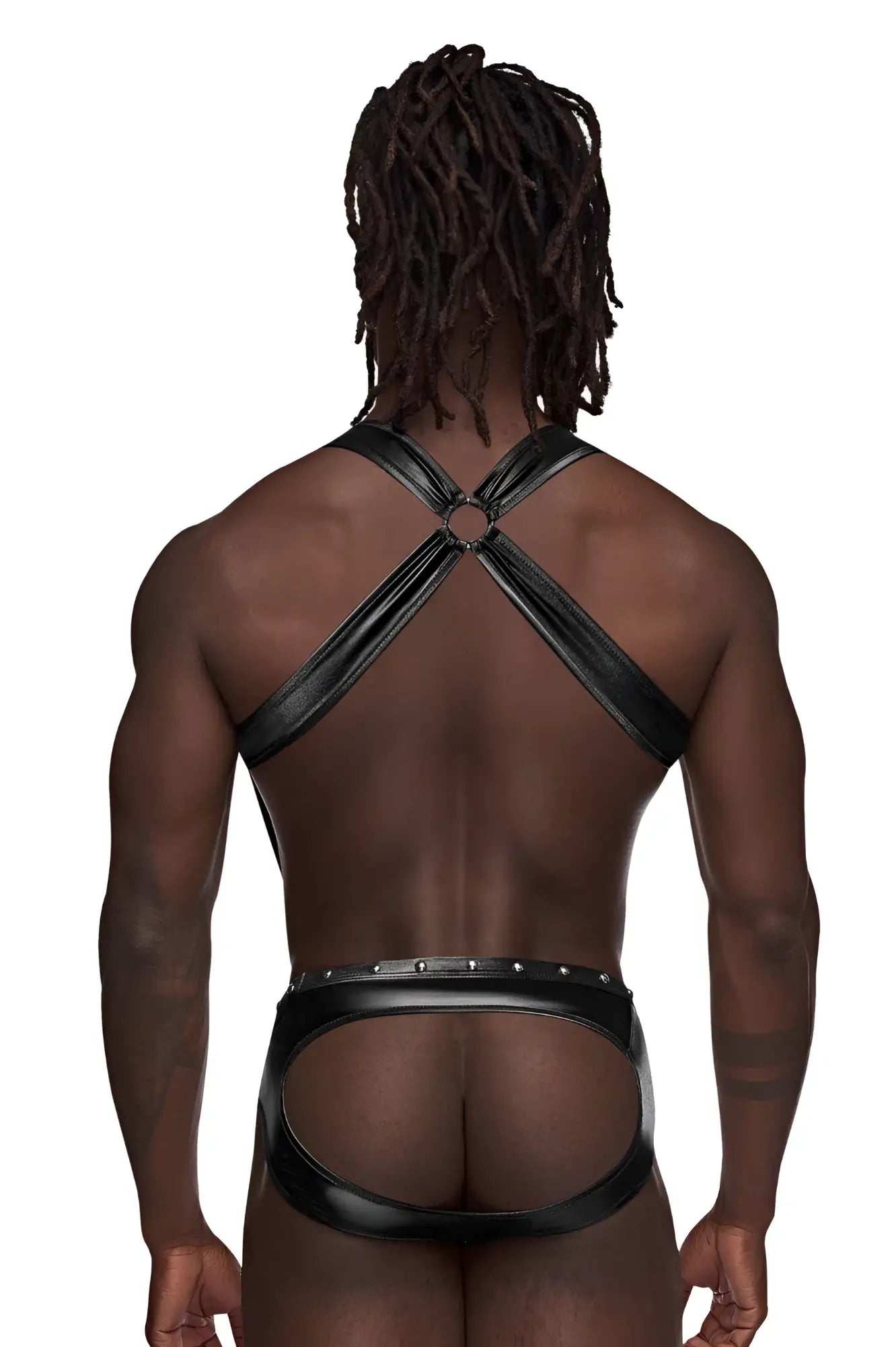 Black faux leather male power PAK-154 fetish uranus jockstrap back view with crisscross straps and silver stud waistband