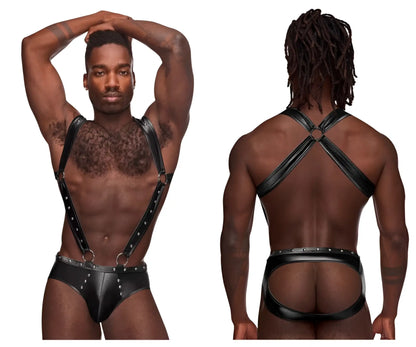 Back view of male power pak-154 fetish uranus black leather harness bodysuit with studded straps and cross design