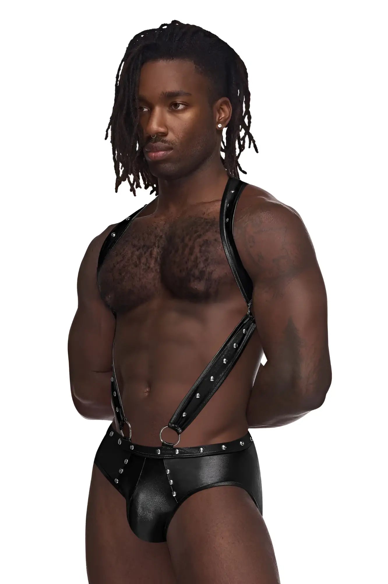 Black leather harness-style bodysuit with silver studs and metal rings from male power fetish uranus jockstrap collection