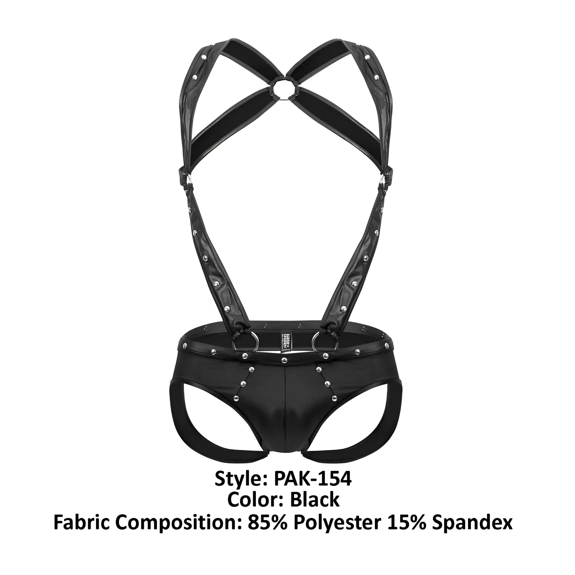 Black leather-like male power PAK-154 fetish Uranus jockstrap with silver studs and rings harness-style design