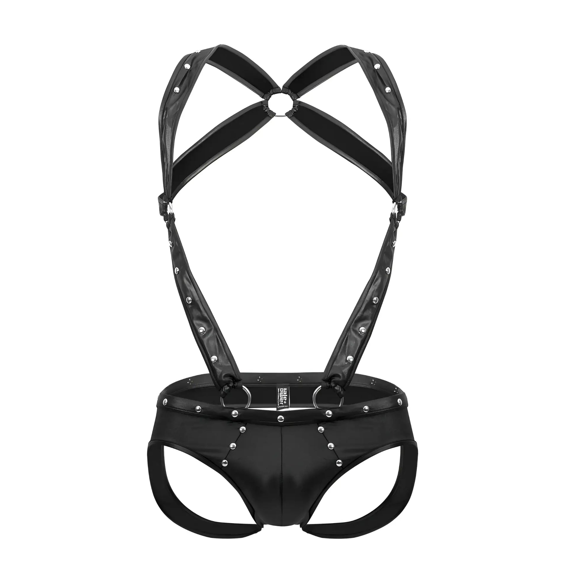 Male power pak-154 fetish uranus jockstrap in black patent leather with silver studs and adjustable harness straps