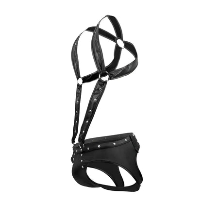 Male power pak-154 fetish uranus jockstrap black patent leather with silver studs harness and metal rings visible
