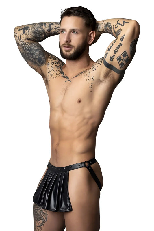 Black faux leather pleated briefs with studded waistband from male power PAK-158 fetish Spartacus in black