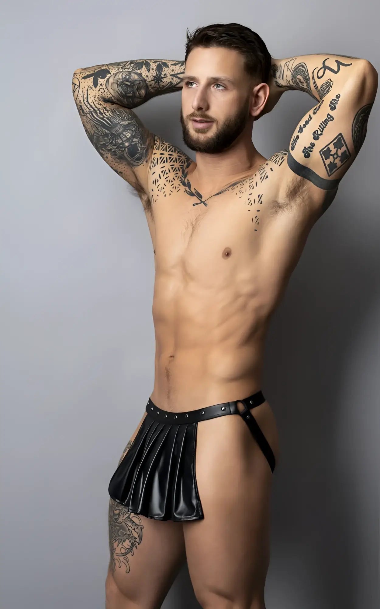 Black leather pleated briefs with studded belt detail from male power pak-158 fetish spartacus in black color