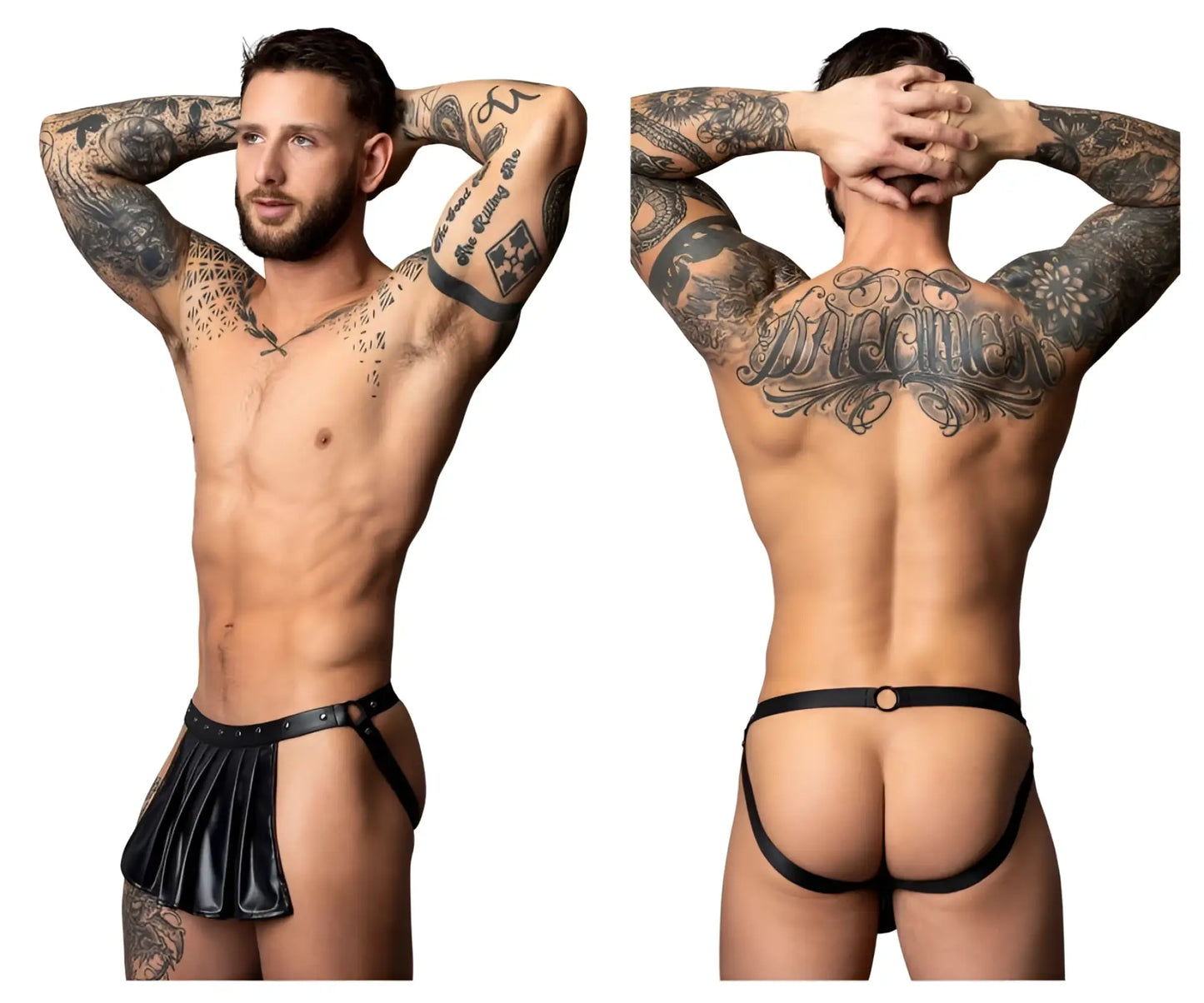 Black leather thong with pleated skirt detail and adjustable straps by male power in fetish spartacus style black color