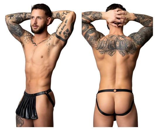 Black leather thong with pleated skirt detail and adjustable straps by male power in fetish spartacus style black color