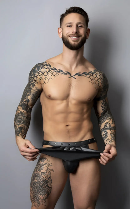 Black leather thong with studded belt detail by male power in black for fetish wear and costume use