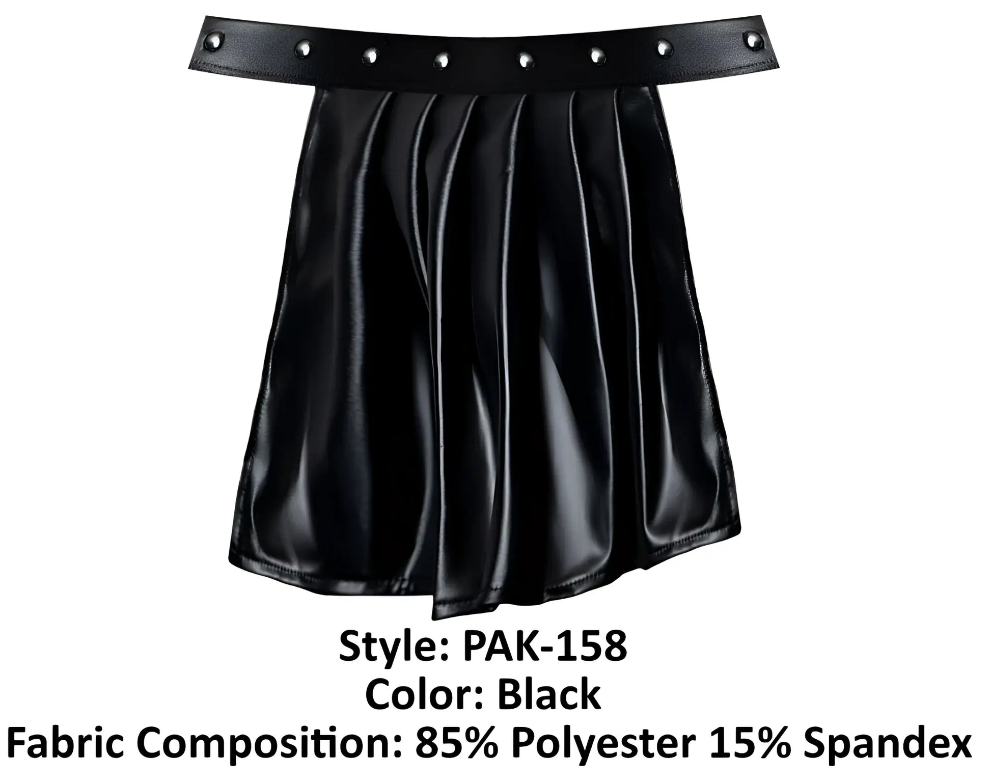 Black pleated skirt with faux leather belt and silver-toned studs from male power pak-158 fetish spartacus collection