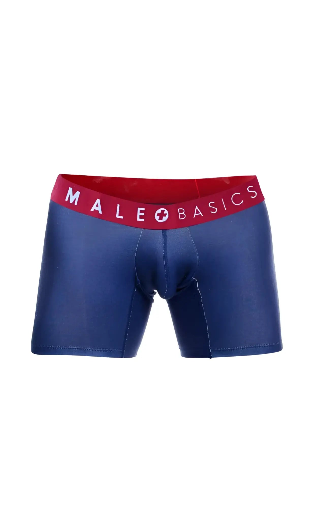 Blue men’s boxer briefs with red waistband and male basics logo in white from the malebasics 3-pack marine set