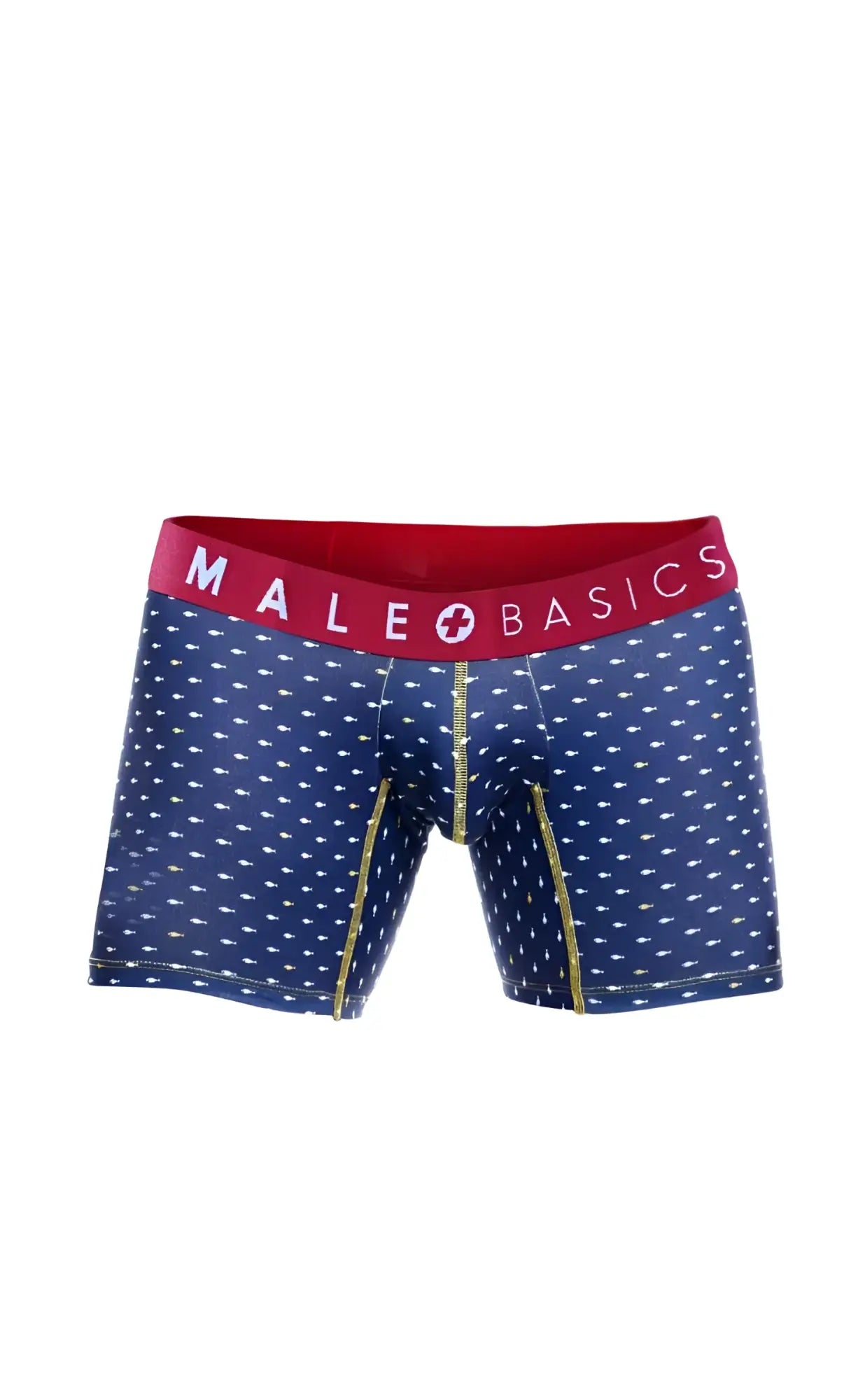 Blue patterned men’s boxer briefs with red waistband featuring male basics logo and gold side stitching in marine pack