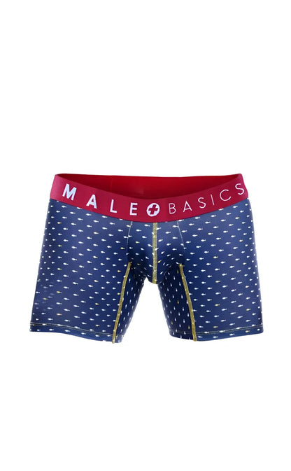 Blue patterned men’s boxer briefs with red waistband featuring male basics logo and gold side stitching in marine pack